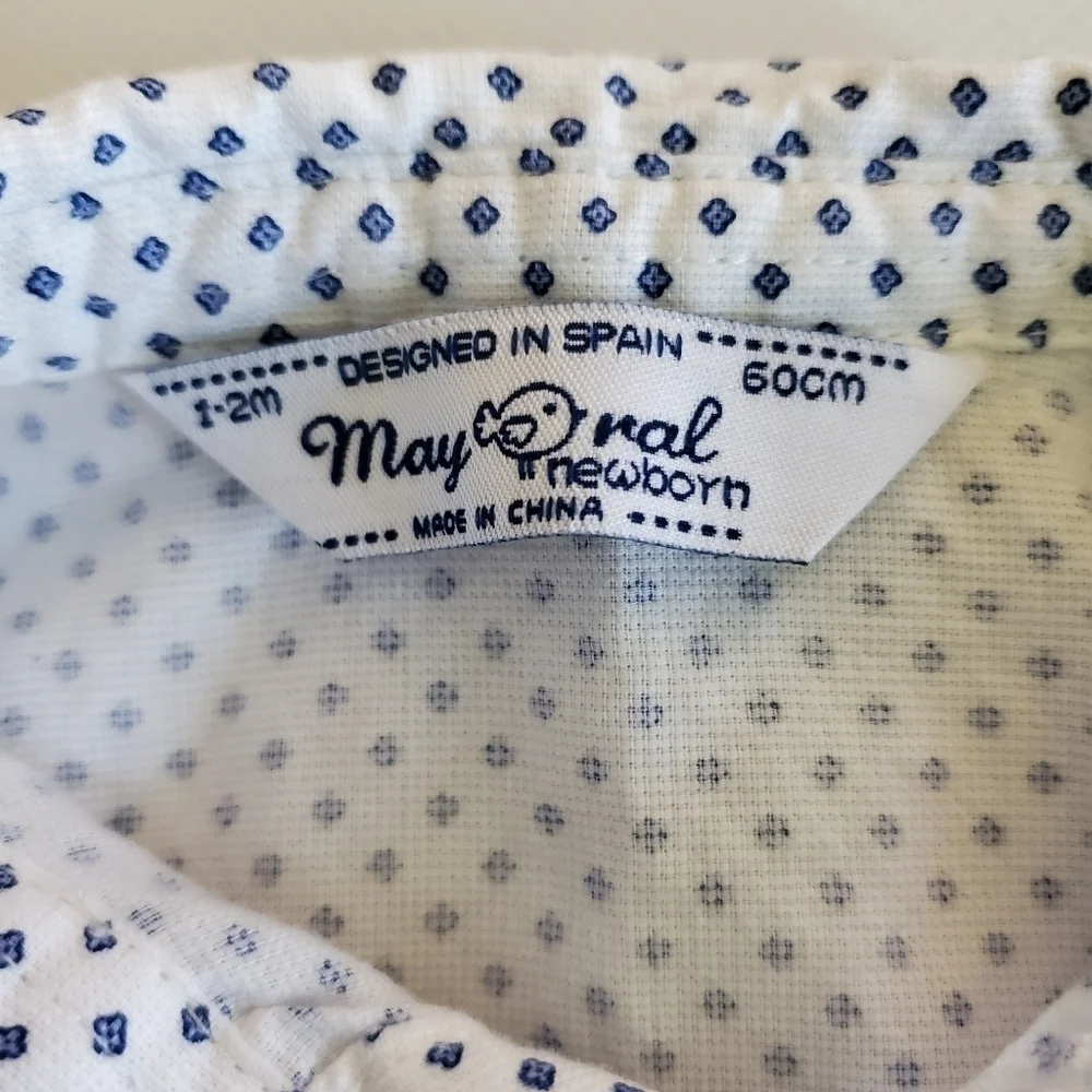 K1095 * Mayoral Boys Polka Dot Button Down Long Sleeve White Blue Size 1-2M